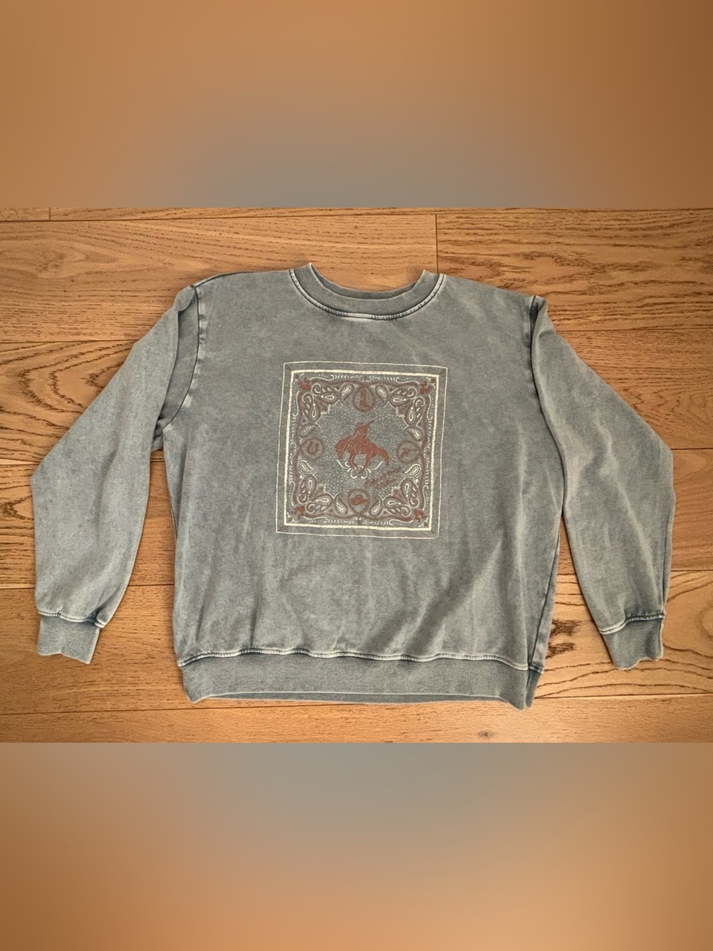 Washed Gray Crewneck Sweatshirt with Decorative Square Graphic